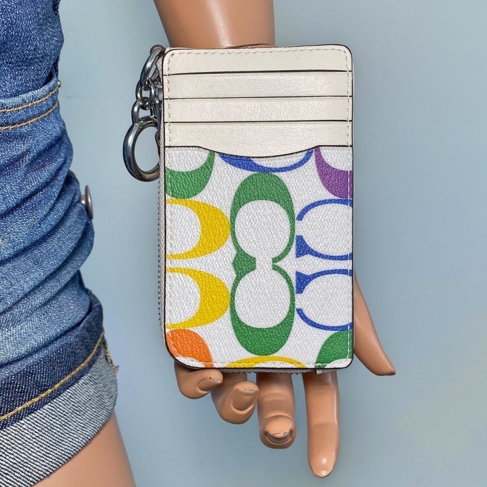 Coach Rainbow Signature Card Case ID Wallet Keychain Bag Charm NWT - Picture 3 of 7